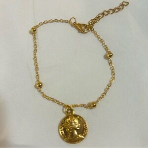 Gold Tone Coin Charm Bracelet Vintage Boho Layering Queen Elizabeth II